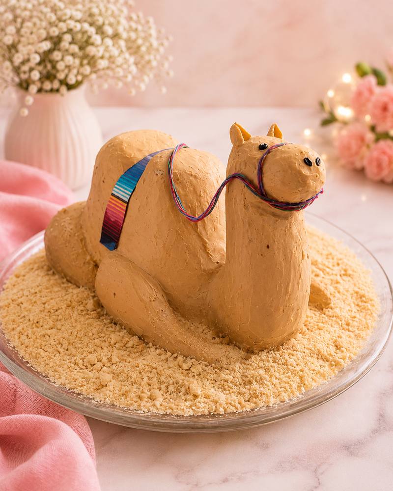 Pastel en forma de camello con silla tejida sobre arena de galleta
