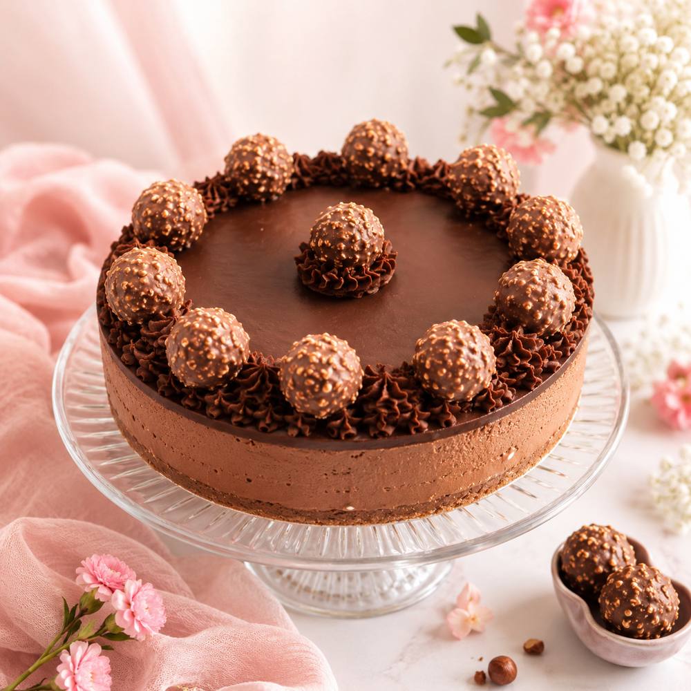 Pastel de chocolate con avellana y chocolates Ferrero