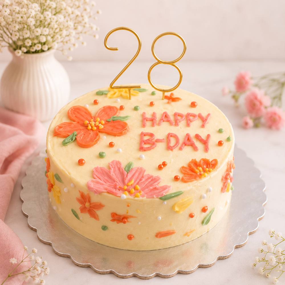 Pastel con flores de betún hechas a mano y un número 28 dorado
