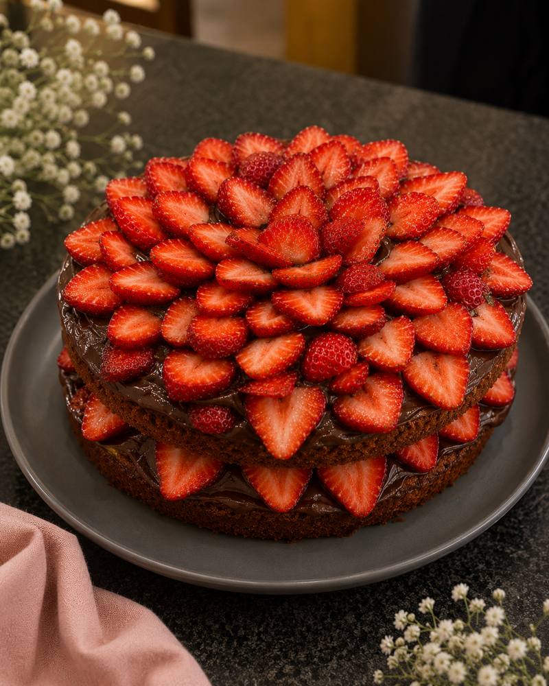 Pastel de chocolate coronado con fresas frescas